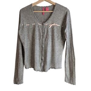 Charlotte Tarantola XL Silk Cashmere Cardigan Sweater Gray Pink Bow Coquette